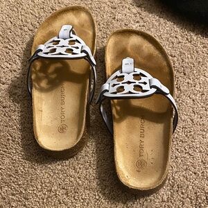 Tory Burch White and Tan Slide Sandals